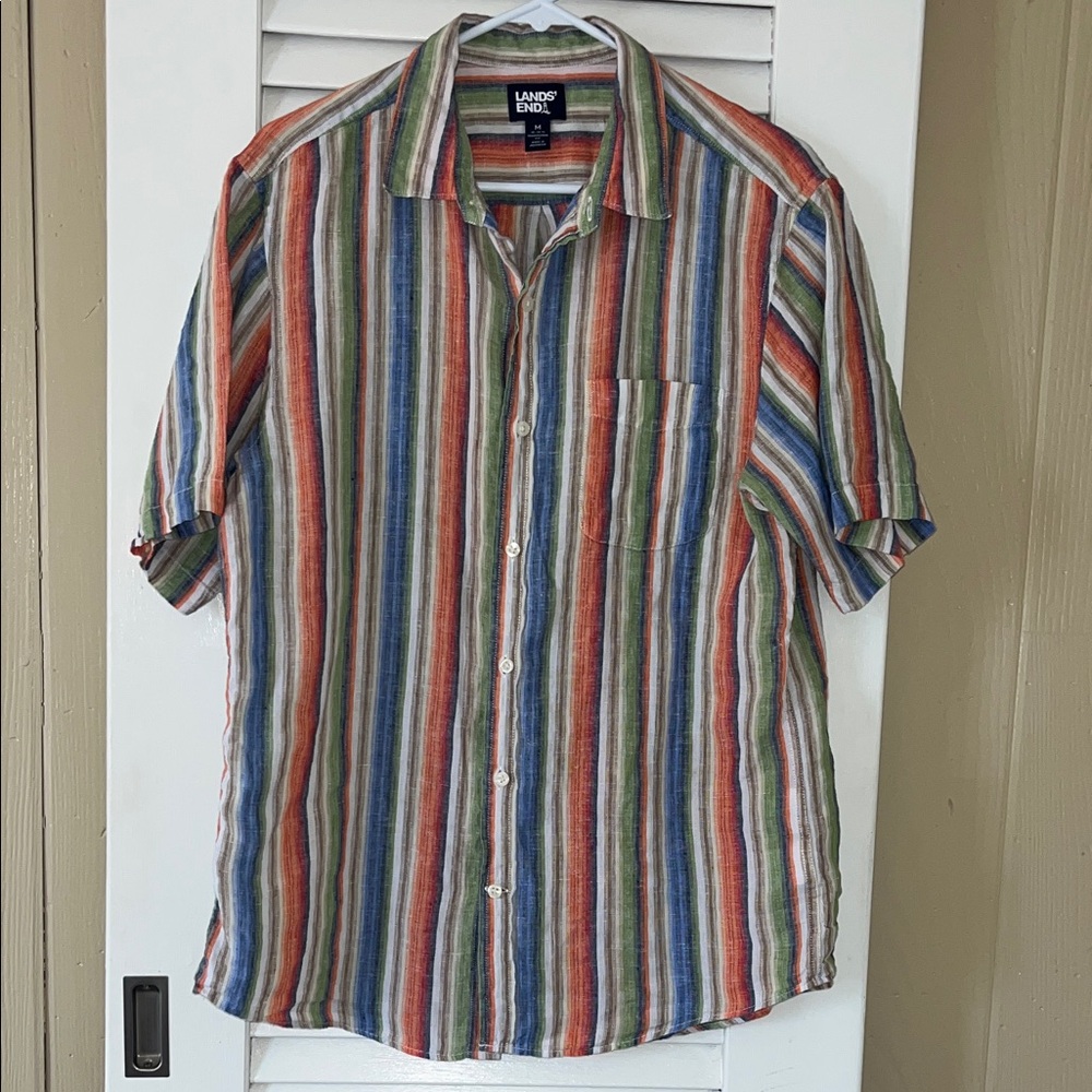 Lands' End Men's Multicolor Striped Linen Short-Sleeve Shirt
